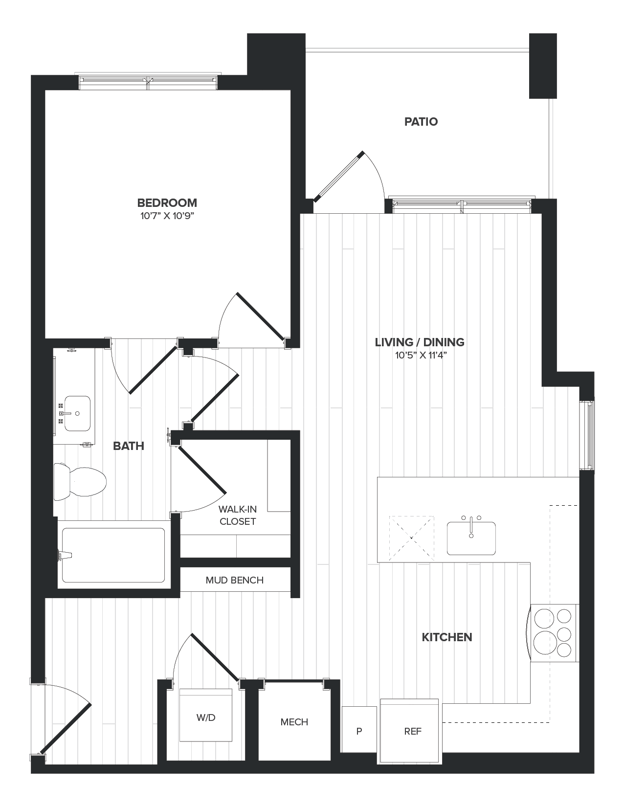 Floor plan for 1 bed, 1 bath, 631 sqft